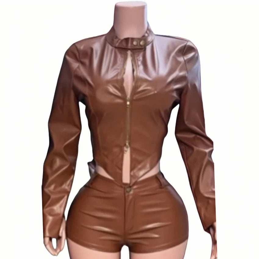 HLJ&GG Fashion Leather Zipper Biker Jacket Two Piece Sets Women Long Sleeve Slim Crop Top And Shorts Outfits Y2K 2pcs Streetwear