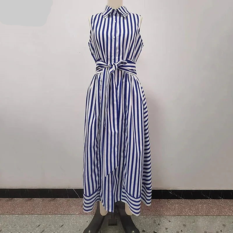 IEQJ Spring Summer Casual Sleeveless Striped Single Breasted shirt Dress Women Mid Length Slim Fit Dresses New 3A1501