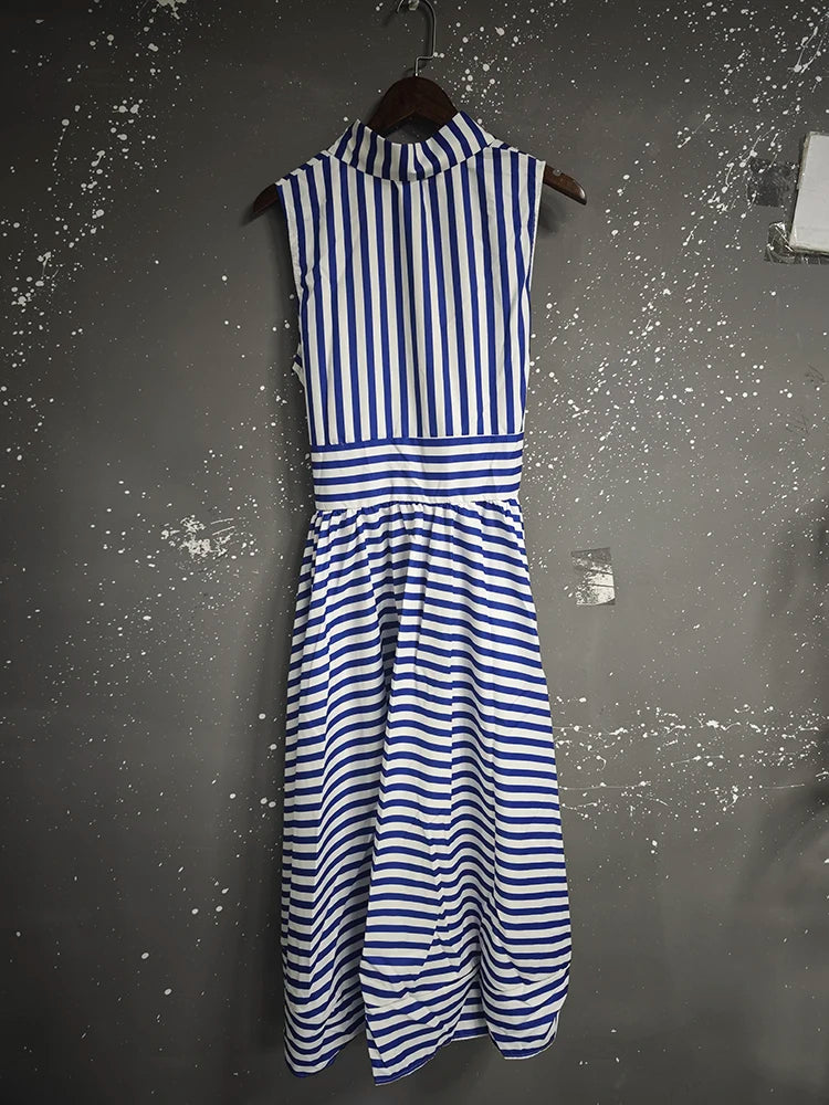 IEQJ Spring Summer Casual Sleeveless Striped Single Breasted shirt Dress Women Mid Length Slim Fit Dresses New 3A1501