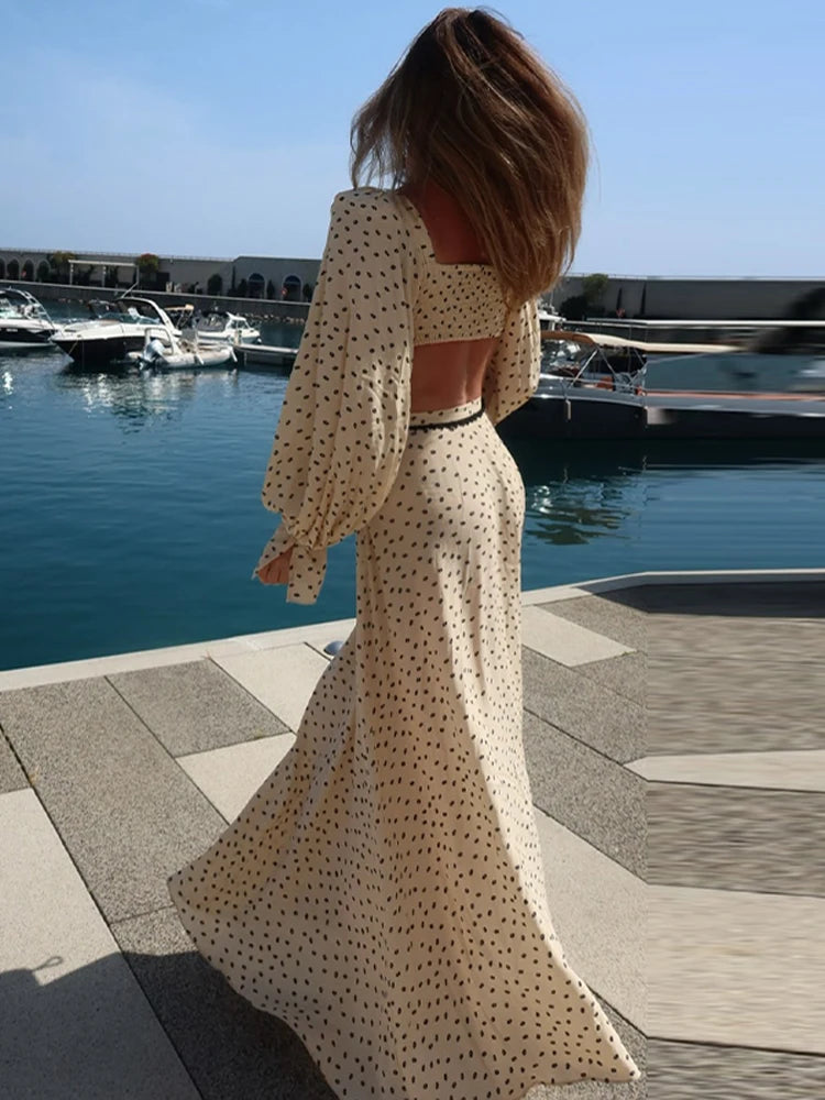 Polka Dot Short Top Long Skirt Lady Set Long Bubble Sleeves Slim Lace up Tops High Waist A-Line Skirt Versatile Women New Sets