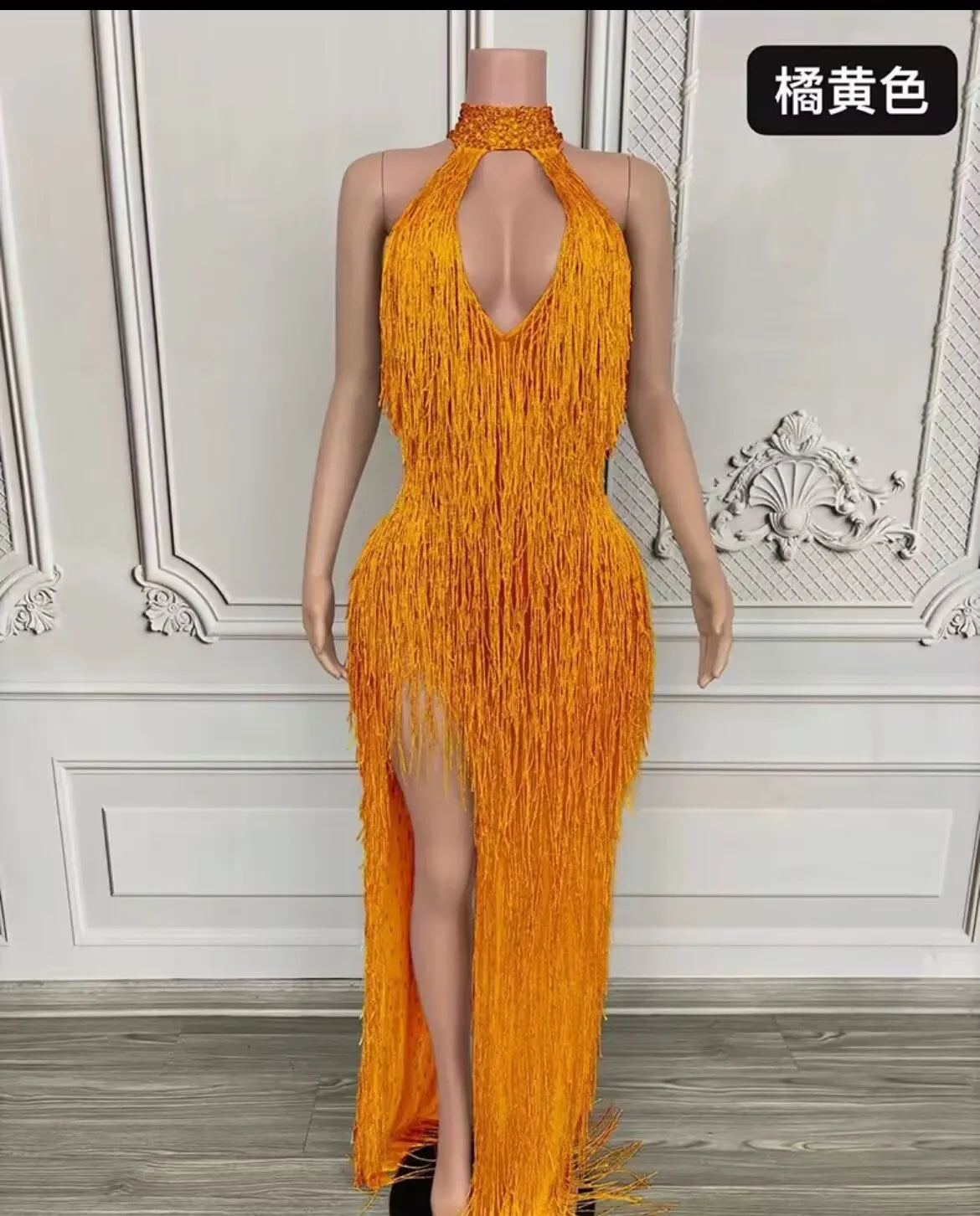 Rhinestones Fringes Long Gold Party Dress Luxury Women Sleeveless Evening Prom Gown Performance Singer Costume Birthday outfit