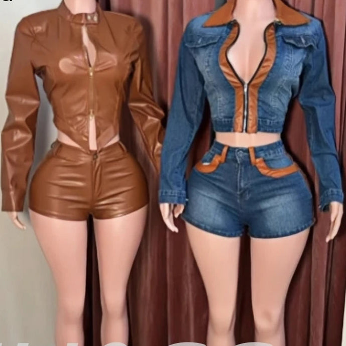 HLJ&GG Fashion Leather Zipper Biker Jacket Two Piece Sets Women Long Sleeve Slim Crop Top And Shorts Outfits Y2K 2pcs Streetwear