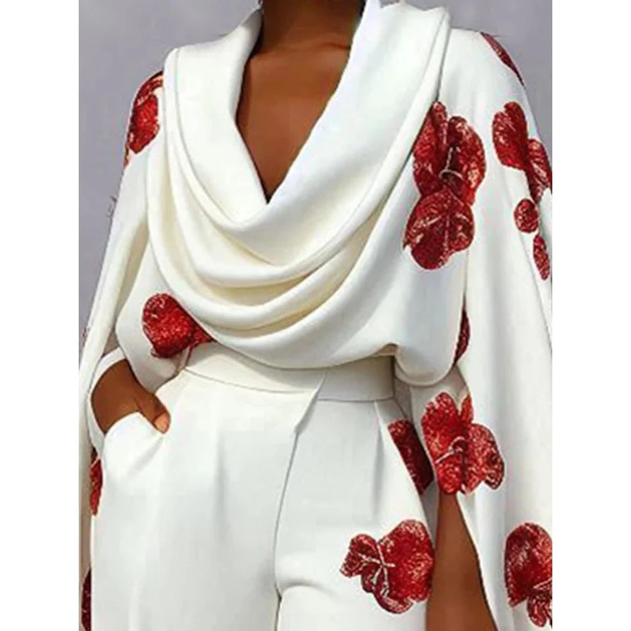 New Arrival Cross-Border Long Sleeve Printed Collar Two-Piece Set Long Pants Women&