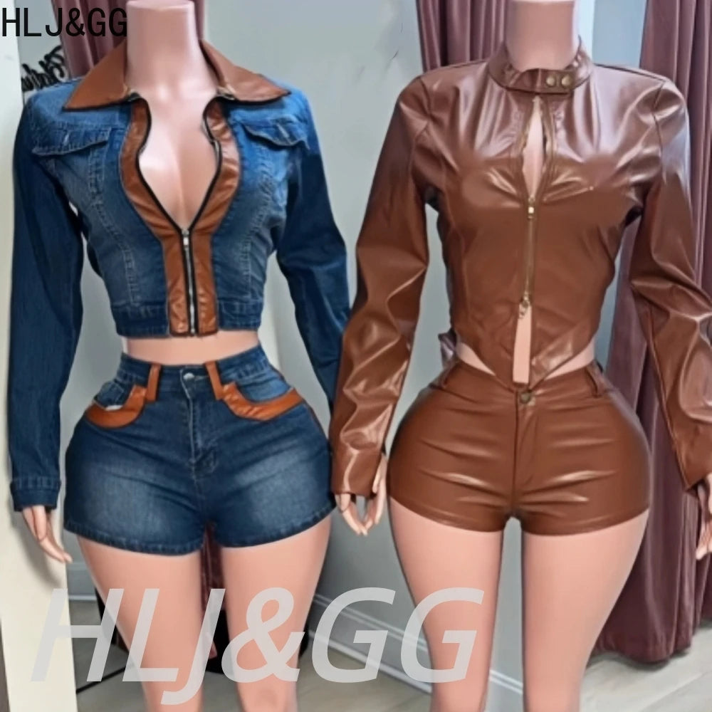 HLJ&GG Fashion Leather Zipper Biker Jacket Two Piece Sets Women Long Sleeve Slim Crop Top And Shorts Outfits Y2K 2pcs Streetwear