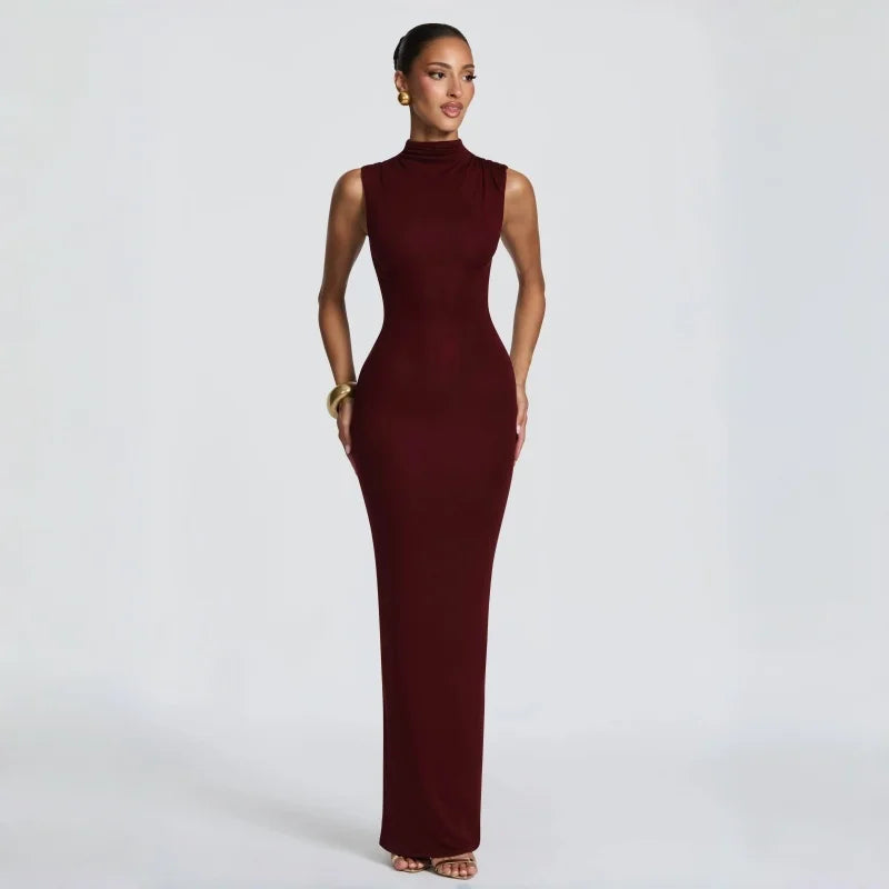 Burgundy High Neck Corset Maxi Dress Sleeveless Bodycon Mermaid Long Dress For Women Sexy Slim Fit Elegant Evening Party Dress