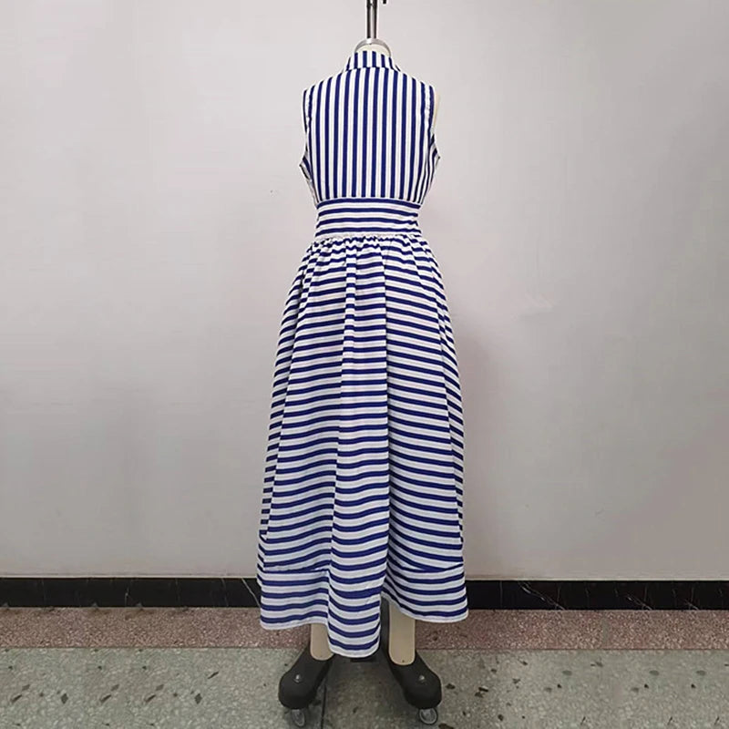 IEQJ Spring Summer Casual Sleeveless Striped Single Breasted shirt Dress Women Mid Length Slim Fit Dresses New 3A1501