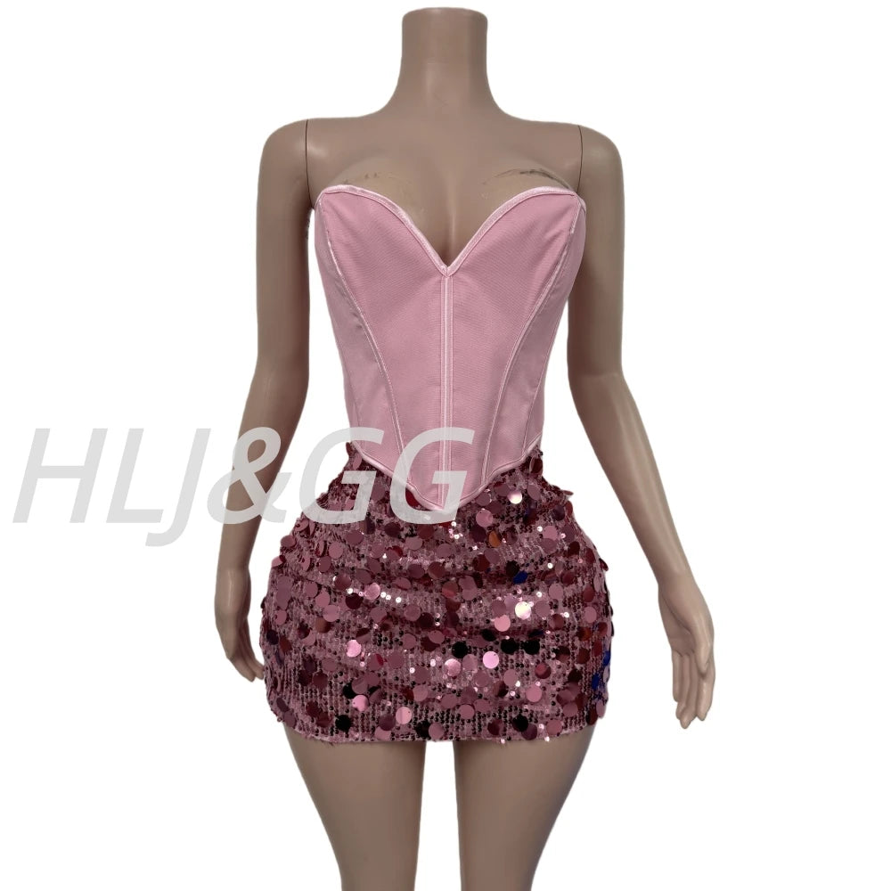 Creysie. Sexy Off Shoulder Corset Vest Two Piece Sets Women Sleeveless Backless Bandage Irregular Top + Sequin Mini Skirts Outfits
