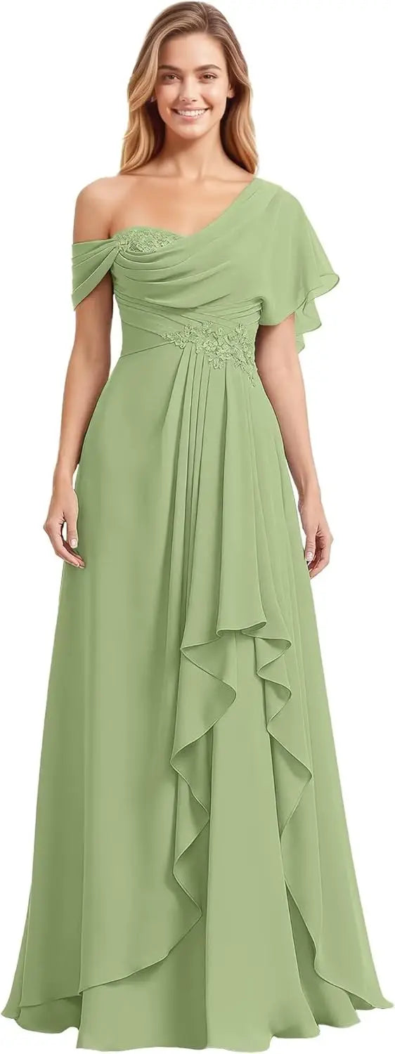 Womens Prom Dresses Off Shoulder Bridesmaid Dress for Wedding Guest 2025 Chiffon Lace Appliques Long Maxi Gowns