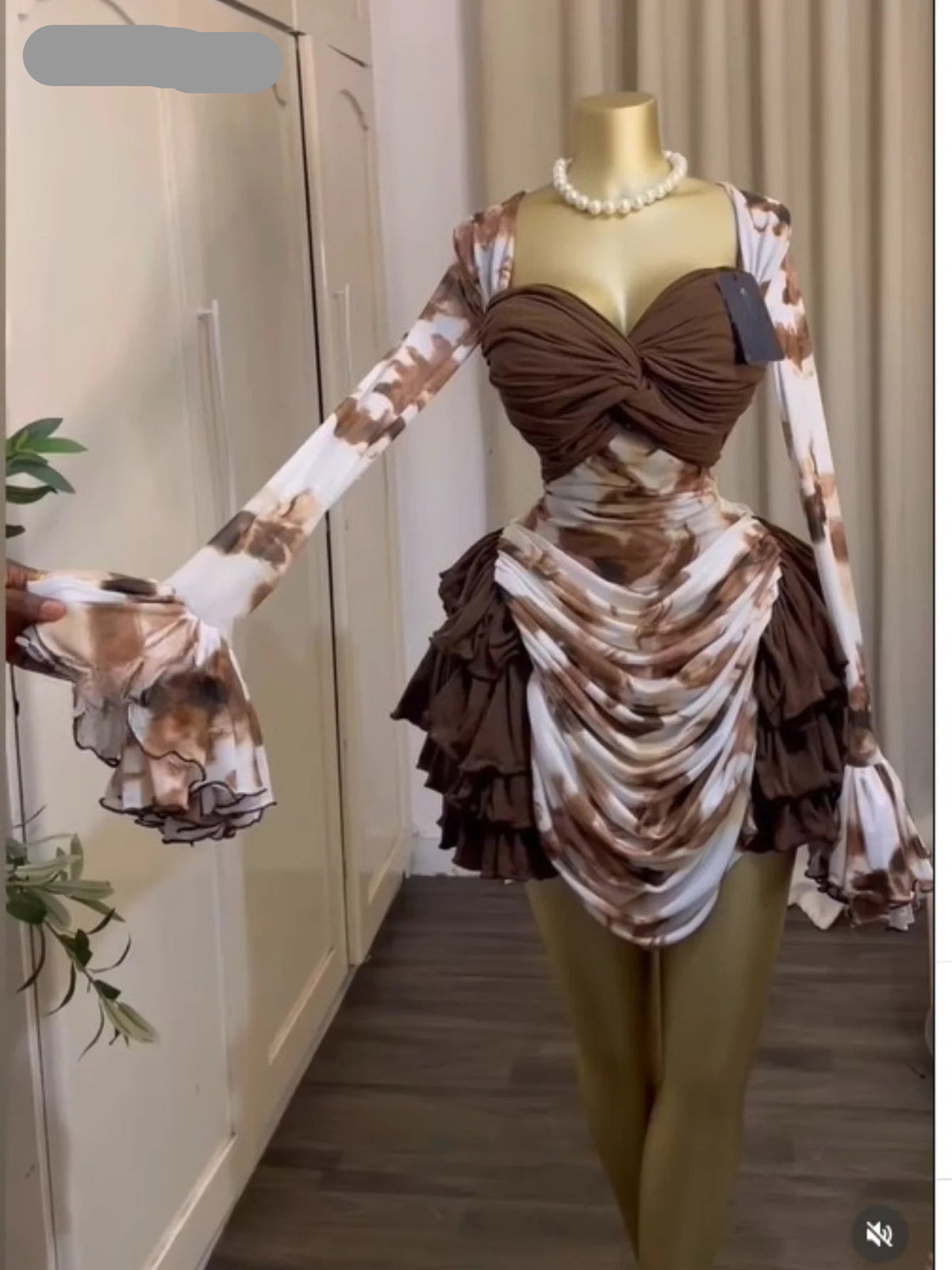 CREYSIE Women Tie Dye Print Ruffles Long Sleeve Bodycon Ruched Draped V-neck Dress 2026 Fall Street Birthday Vacation Dresses