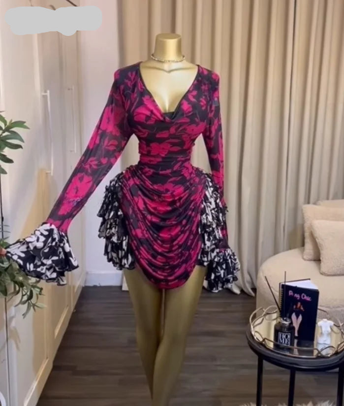 CREYSIE Women Tie Dye Print Ruffles Long Sleeve Bodycon Ruched Draped V-neck Dress 2026 Fall Street Birthday Vacation Dresses