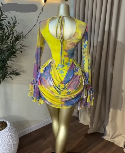 CREYSIE Women Tie Dye Print Ruffles Long Sleeve Bodycon Ruched Draped V-neck Dress 2026 Fall Street Birthday Vacation Dresses