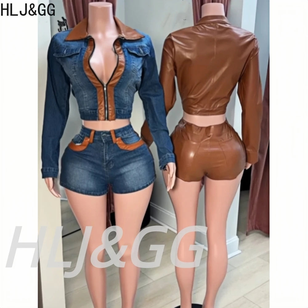 HLJ&GG Fashion Leather Zipper Biker Jacket Two Piece Sets Women Long Sleeve Slim Crop Top And Shorts Outfits Y2K 2pcs Streetwear