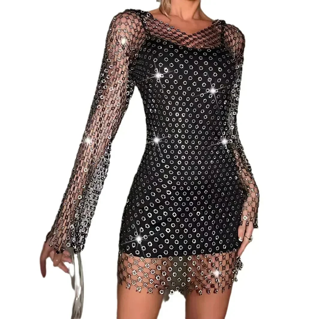 2026 European and American Fishing Nets Flash Diamonds Sexy Hollow V-neck Hooded Long-sleeved Hip-wrapped Dress Women