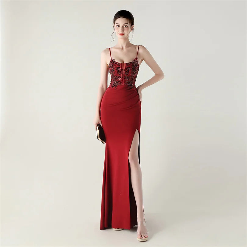 DEERVEADO Elegant Mermaid Strap Soft Satin Evening Dress with Sequins Women&