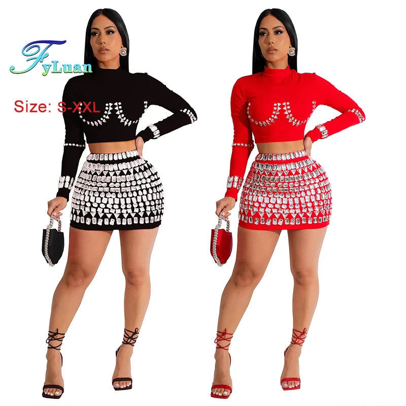 Modern style Women Long Sleeve O Neck Short Top And Sets With Diamonds Street Off Waist Short Skirt Club Vacation Outfits Sets