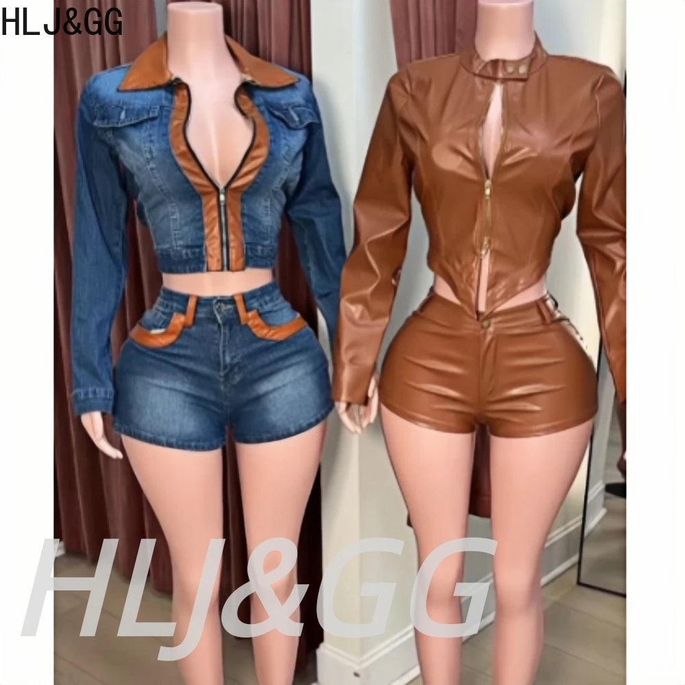 HLJ&GG Fashion Leather Zipper Biker Jacket Two Piece Sets Women Long Sleeve Slim Crop Top And Shorts Outfits Y2K 2pcs Streetwear