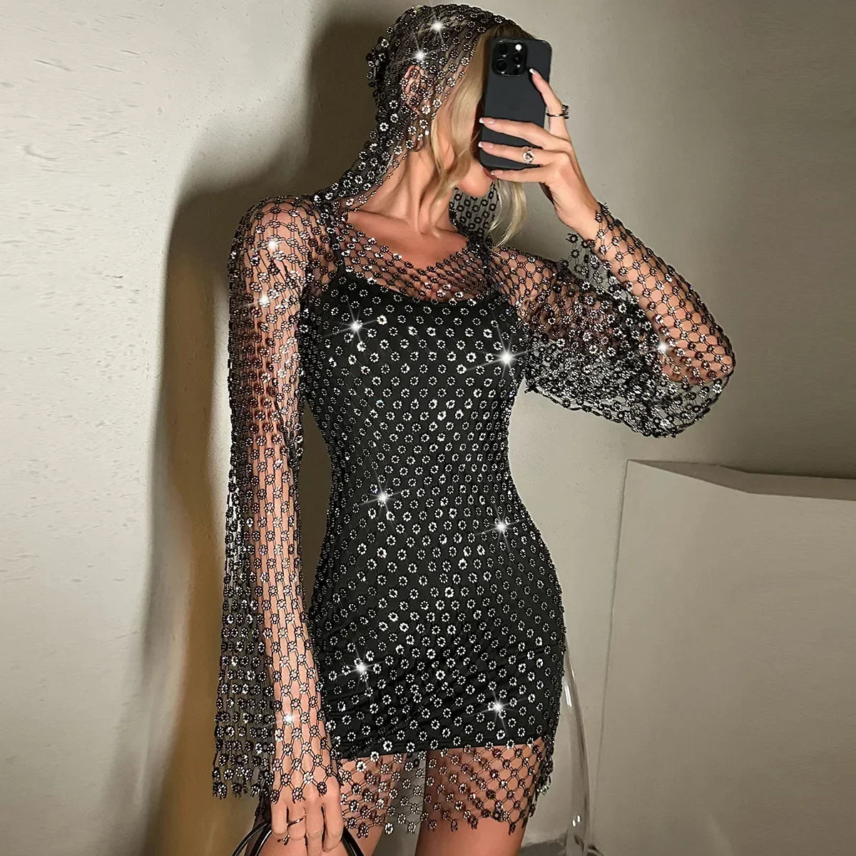 2026 European and American Fishing Nets Flash Diamonds Sexy Hollow V-neck Hooded Long-sleeved Hip-wrapped Dress Women
