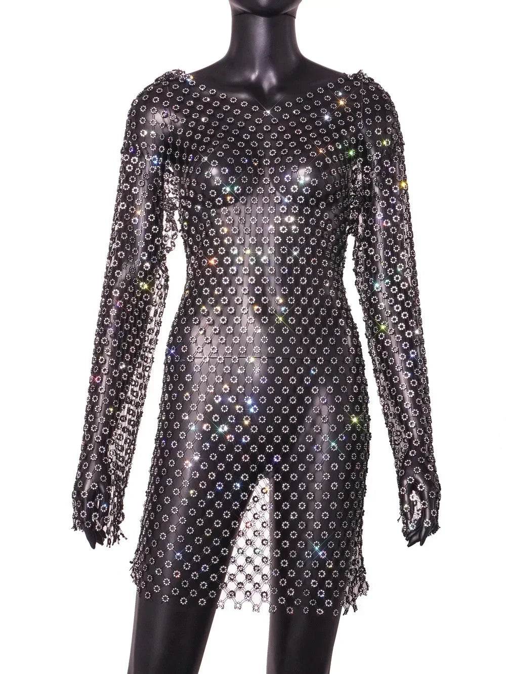 2026 European and American Fishing Nets Flash Diamonds Sexy Hollow V-neck Hooded Long-sleeved Hip-wrapped Dress Women