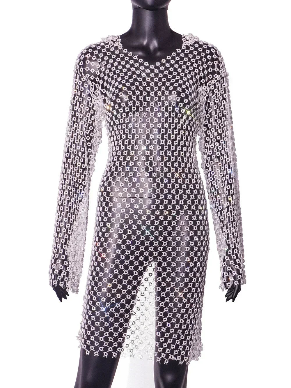 2026 European and American Fishing Nets Flash Diamonds Sexy Hollow V-neck Hooded Long-sleeved Hip-wrapped Dress Women