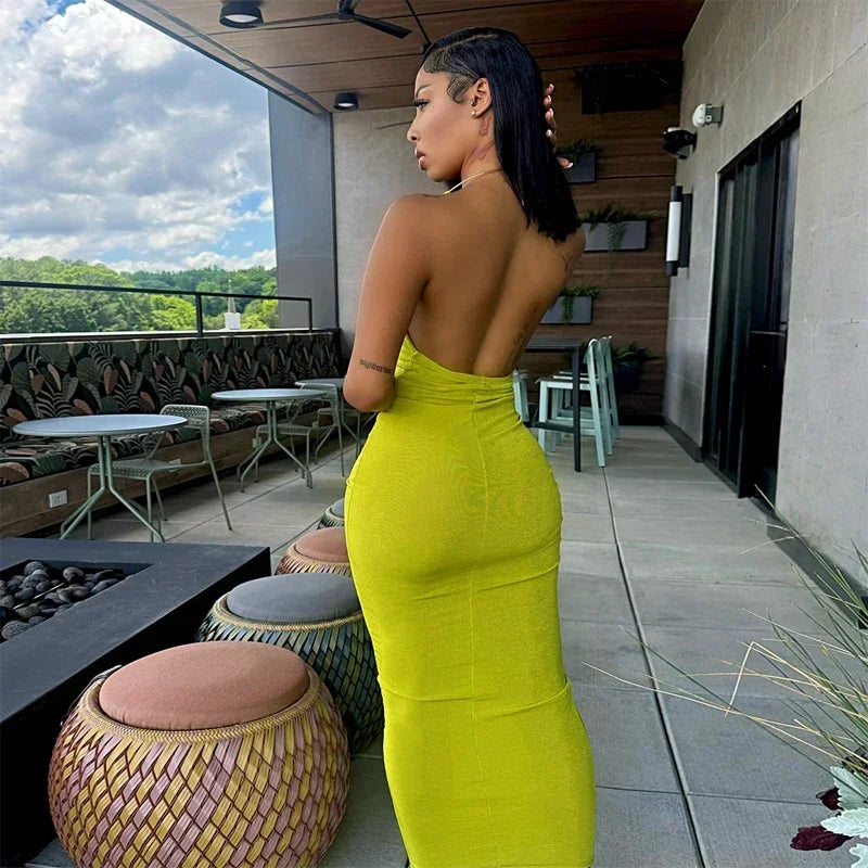 Sexy Women Deep V-neck Halter Maxi Dress Chic Solid Sleeveless Slim Fit Bodycon Dresses 2026 New Summer Club Party Evening Robes