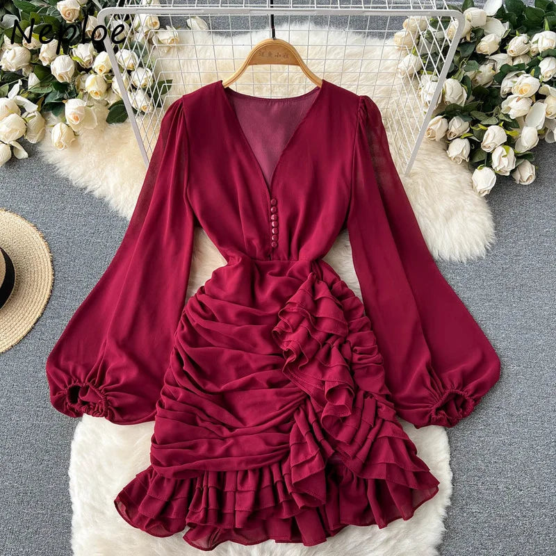 Neploe V Neck Buttons Fishtail Dress High Waist Slim Ruffles Irregular Robe Korean Office Lady Elegant Long Sleeve Vestidos