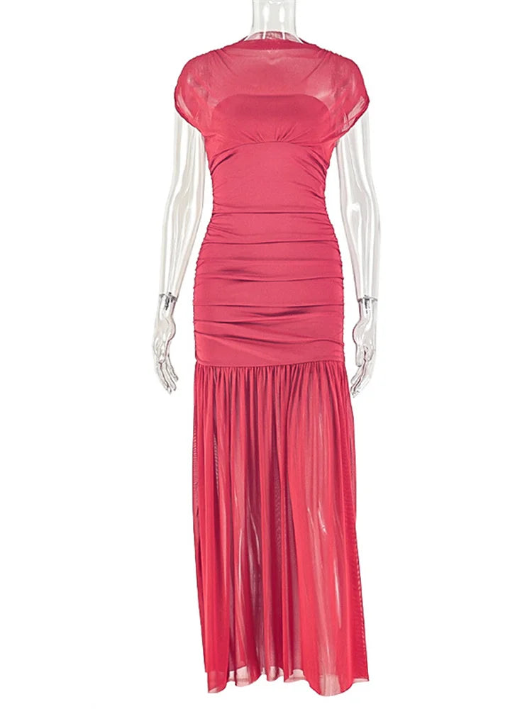 Kliou Mesh Patchwork Dress Woman Turtleneck Sleeveless Skinny High Waist Wrap Hip Midnight Prom Party Ruched Elegant Vestidos