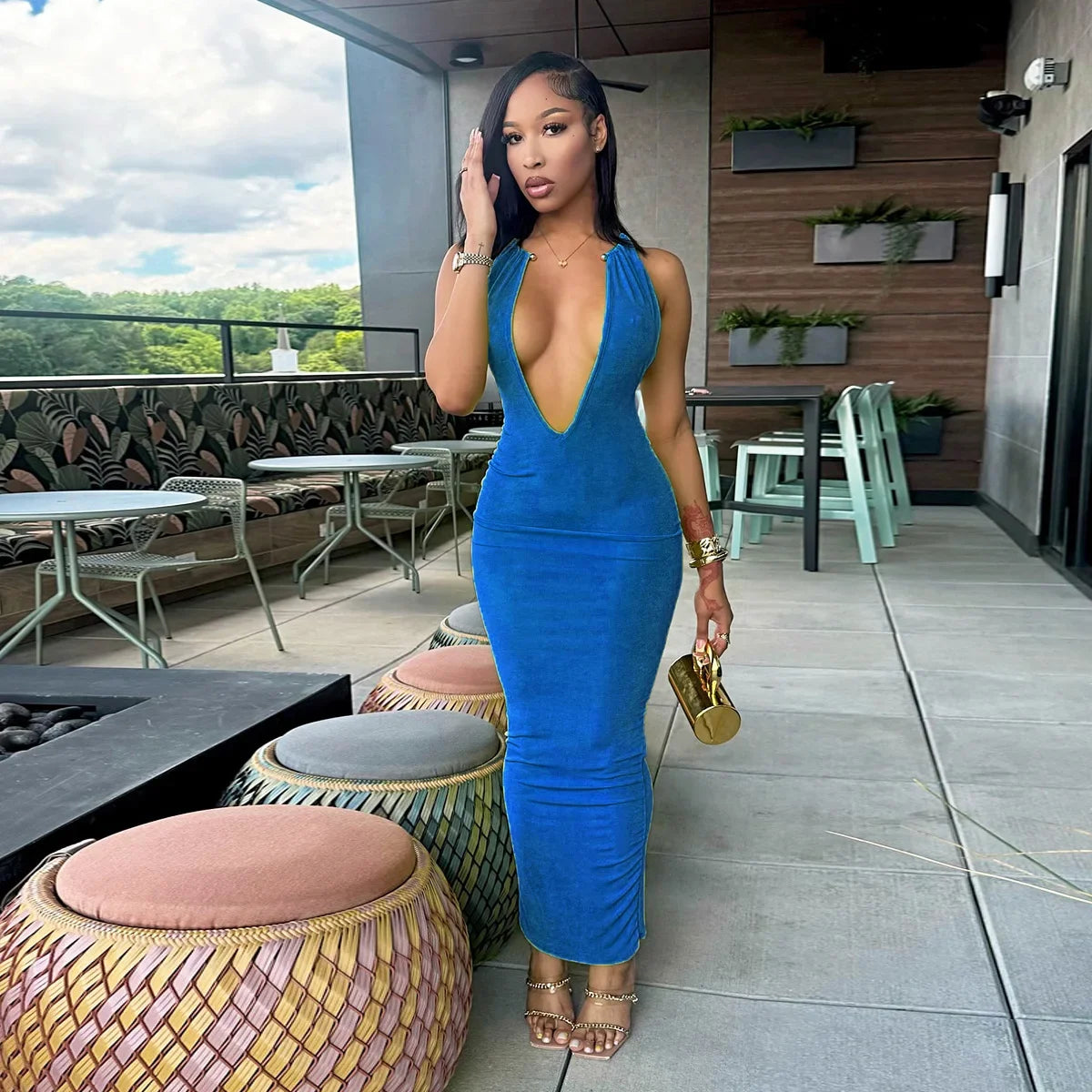Sexy Women Deep V-neck Halter Maxi Dress Chic Solid Sleeveless Slim Fit Bodycon Dresses 2026 New Summer Club Party Evening Robes