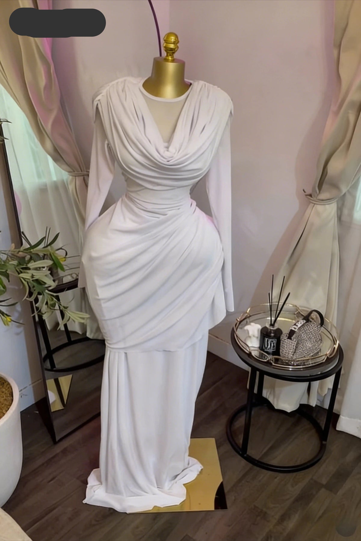 Creysie Women O-neck Pile Collar Long Sleeve Ruched Maxi Long Dress 2026 Spring Sexy Cocktail Birthday Holiday Party Dresses