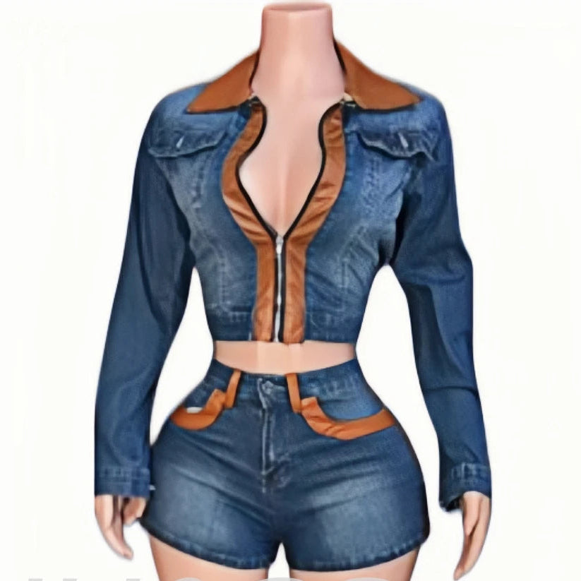 HLJ&GG Fashion Leather Zipper Biker Jacket Two Piece Sets Women Long Sleeve Slim Crop Top And Shorts Outfits Y2K 2pcs Streetwear