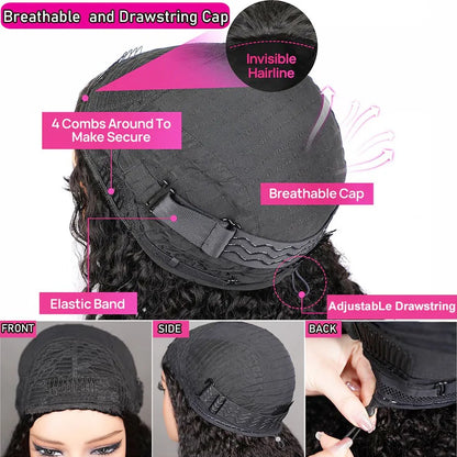 Burmese Curly Half Wig Vietnamese Glueless 100% Raw Human Hair Half Wig With Drawstring Seamless Clips Deep Wave 3 IN 1 Half Wig