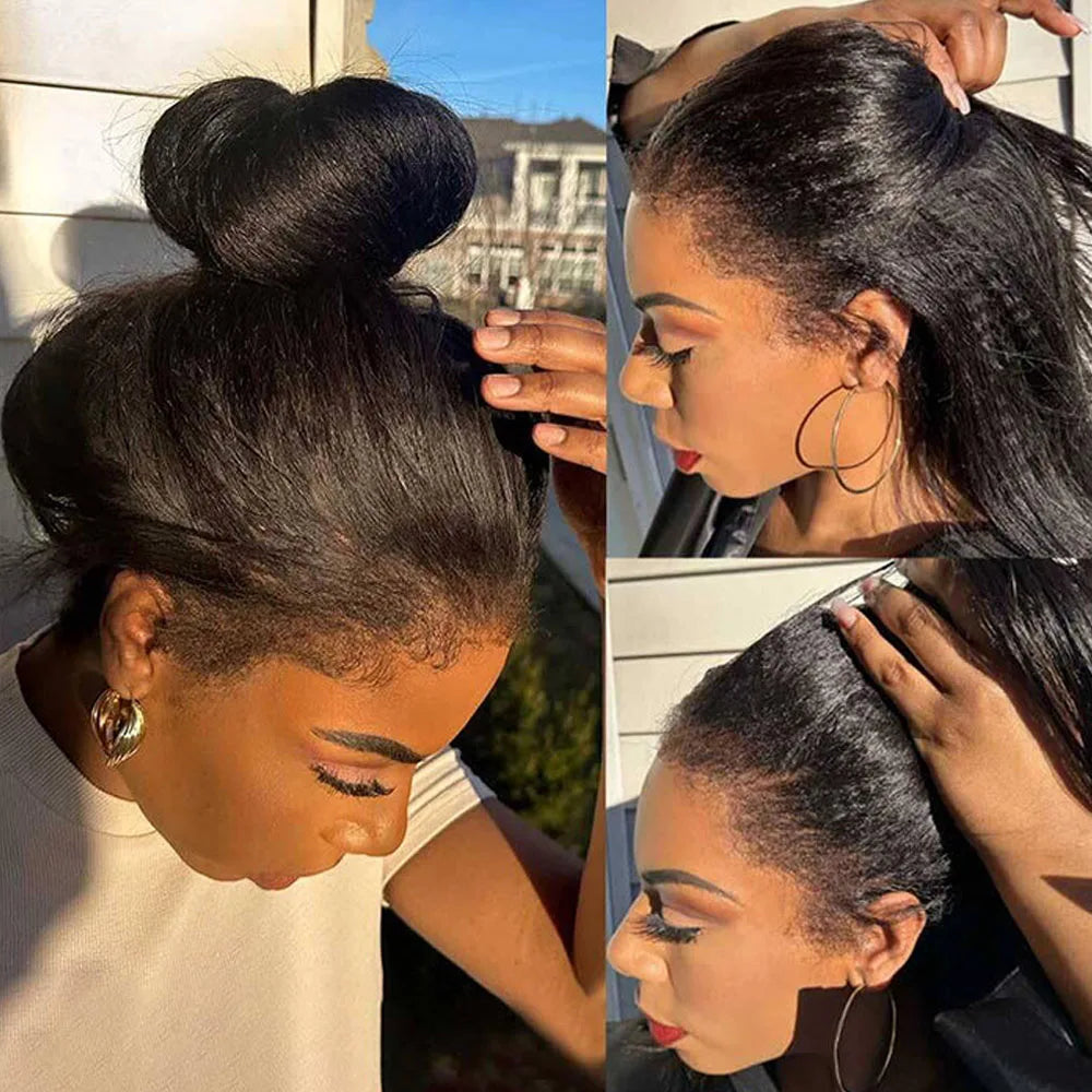 4C Edges Kinky Straight Invisi Strap 360 Full Lace Frontal Wig Yaki Straight Lace Front Human Hair Wig Glueless Wear And Go Wig
