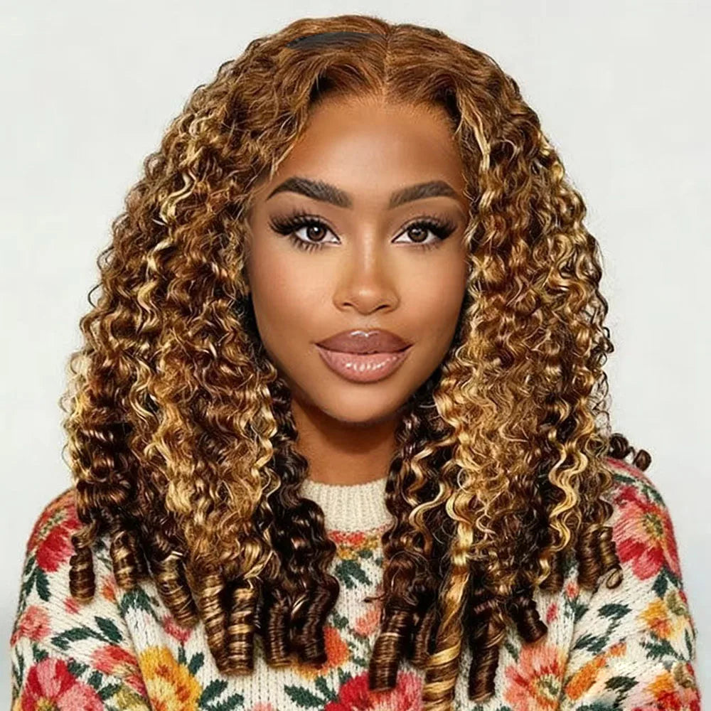 Highlight Ombre Burmese Curly Glueless Human Hair Wigs Wear And Go 13x6 360 HD Full Lace Frontal Wig Lace Front Human Hair Wigs