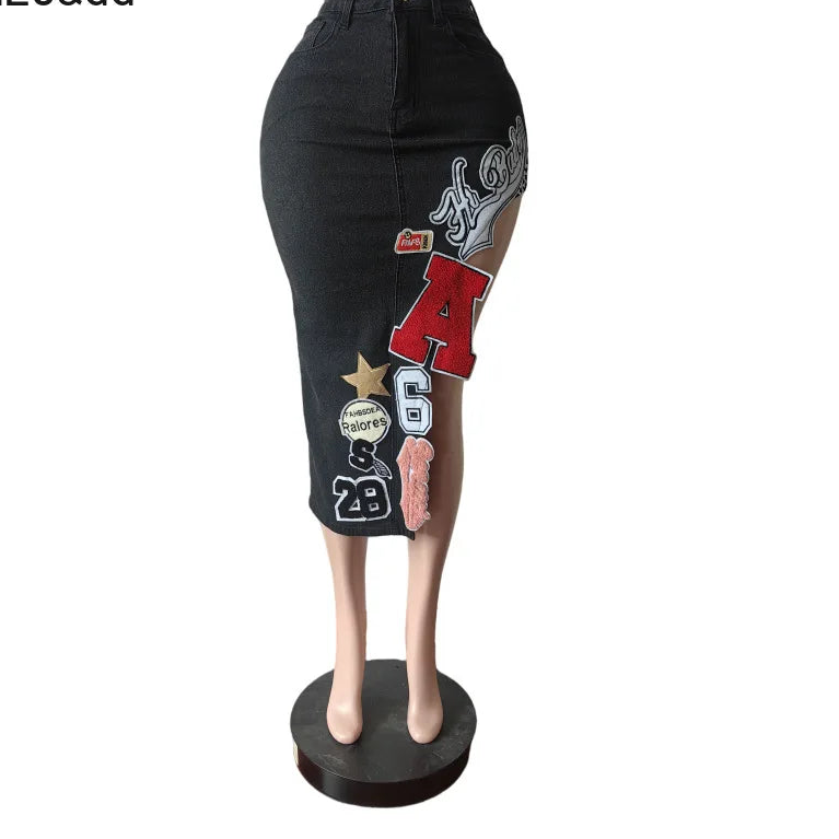 Fashion Embroidery Letter Irregular Skinny Denim Skirts Women High Waisted Button Pocket Cowboy Bottoms Female Streetwear