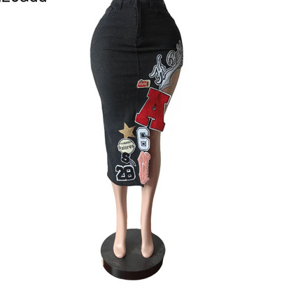 Fashion Embroidery Letter Irregular Skinny Denim Skirts Women High Waisted Button Pocket Cowboy Bottoms Female Streetwear