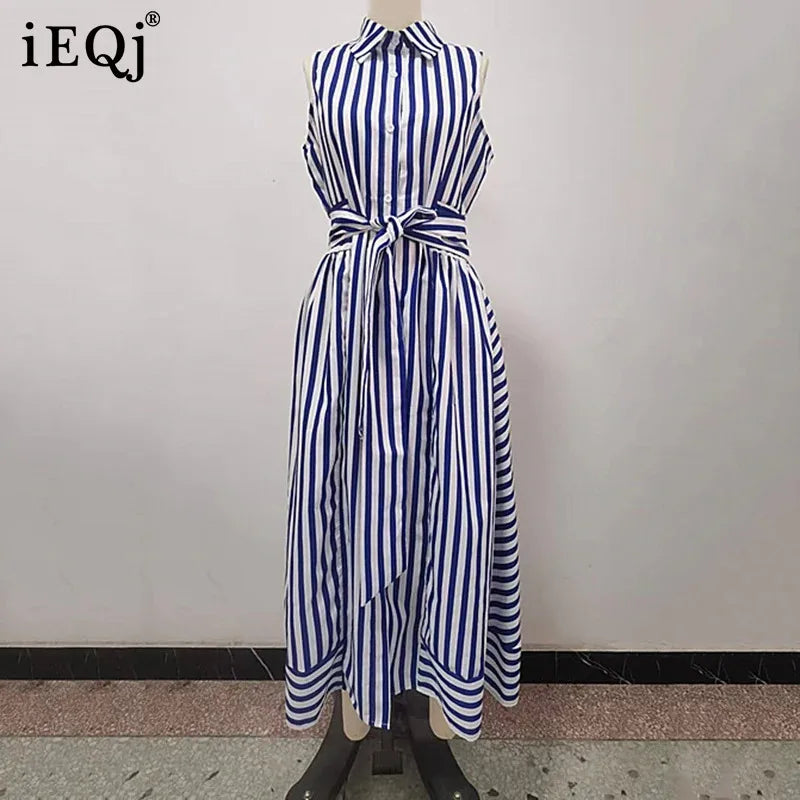 IEQJ Spring Summer Casual Sleeveless Striped Single Breasted shirt Dress Women Mid Length Slim Fit Dresses New 3A1501
