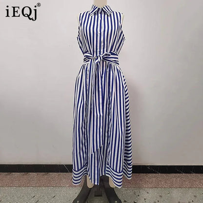 IEQJ Spring Summer Casual Sleeveless Striped Single Breasted shirt Dress Women Mid Length Slim Fit Dresses New 3A1501