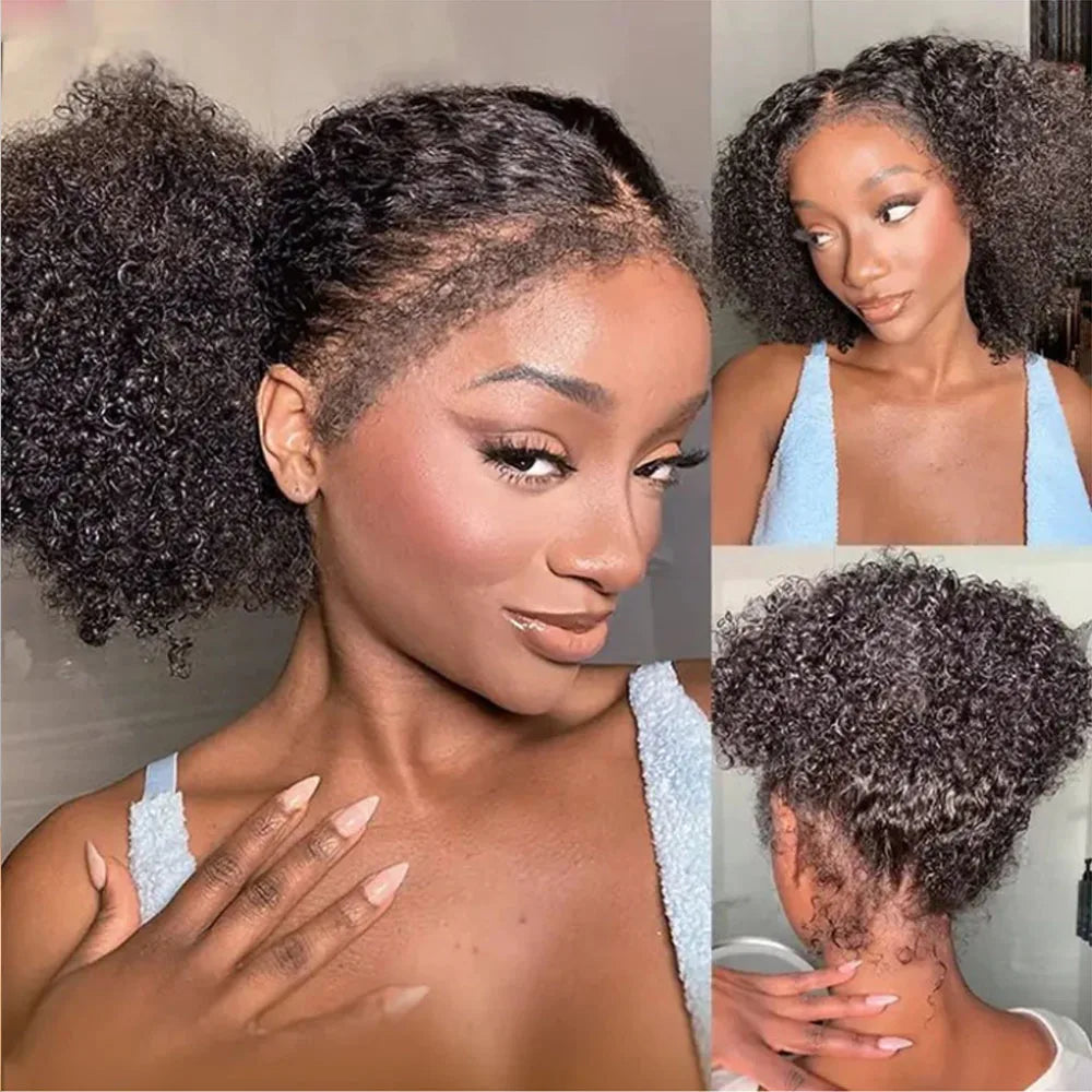 4C Edges Invisible String Snug Fit 360 Full Lace Glueless Frontal Wig With Drawstring Kinky Curly Lace Front 100% Human Hair Wig