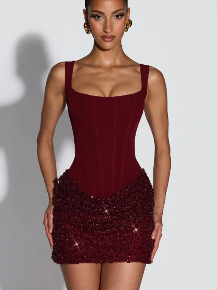 Sexy Sequin Patchwork Sling Mini Dress Women Chic Off-shoulder Backless Waist Cinching Slim Short Dresses Lady Club Party Gowns
