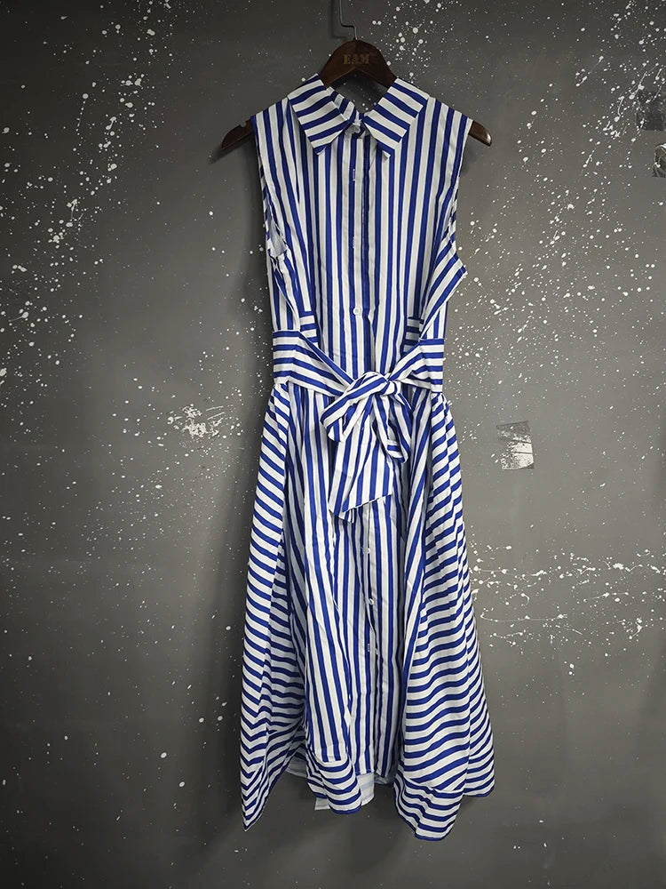 IEQJ Spring Summer Casual Sleeveless Striped Single Breasted shirt Dress Women Mid Length Slim Fit Dresses New 3A1501