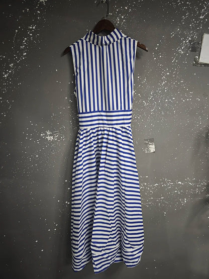 IEQJ Spring Summer Casual Sleeveless Striped Single Breasted shirt Dress Women Mid Length Slim Fit Dresses New 3A1501