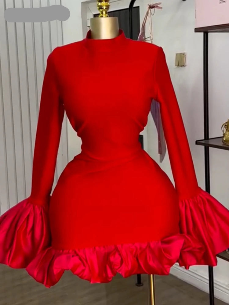 CREYSIE Women O-neck Long Flare Sleeve Ruffles Mini Dress 2025 Spring Sweet Sexy Birthday Evening Night Party Vestidos Dresses