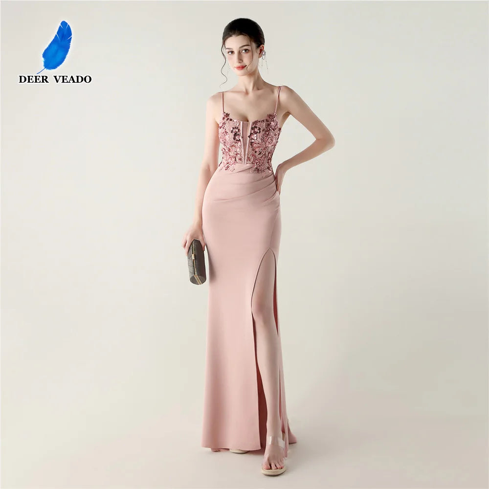 DEERVEADO Elegant Mermaid Strap Soft Satin Evening Dress with Sequins Women&