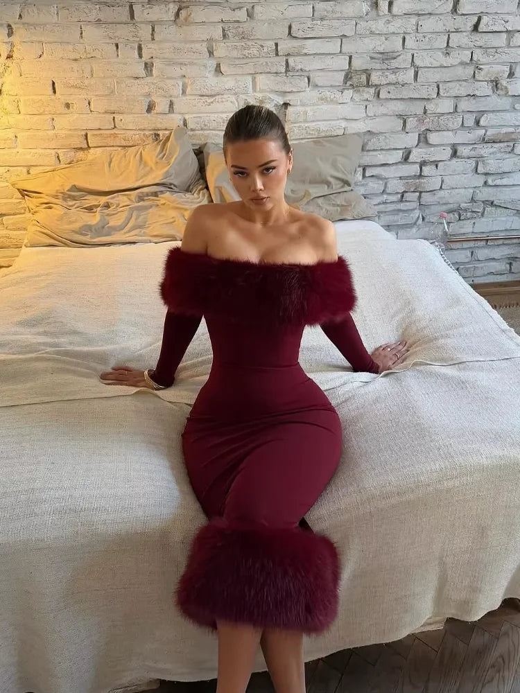 Women Strapless Faux Fur Patchwork Dress Sexy Off-shoulder Full Sleeve Cinched-waist Bodycon Dresses Lady Party Evening Gowns