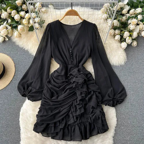 Neploe V Neck  Buttons Fishtail Dress High Waist Slim Ruffles Irregular Robe Korean Office Lady Elegant Long Sleeve Vestidos