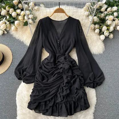 Neploe V Neck  Buttons Fishtail Dress High Waist Slim Ruffles Irregular Robe Korean Office Lady Elegant Long Sleeve Vestidos