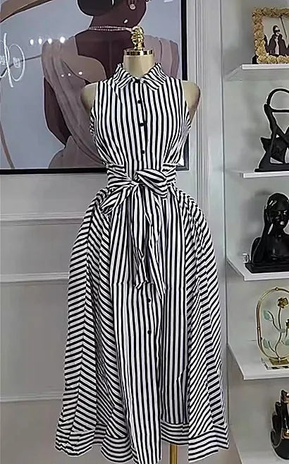 IEQJ Spring Summer Casual Sleeveless Striped Single Breasted shirt Dress Women Mid Length Slim Fit Dresses New 3A1501