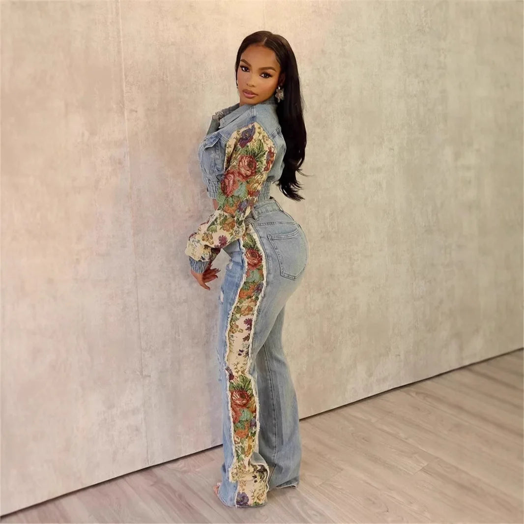 Jeans Suit Women Denim Two Piece Set Short Coat Pants Outfits Hole Trousers Flower Print Turn Down Collar Autumn 2025 Y2k