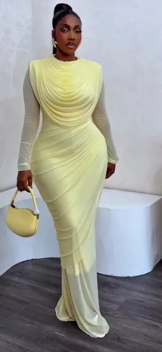 CM.YAYA Women O-neck Pile Collar Long Sleeve Ruched Maxi Long Dress 2026 Spring Sexy Cocktail Birthday Holiday Party Dresses