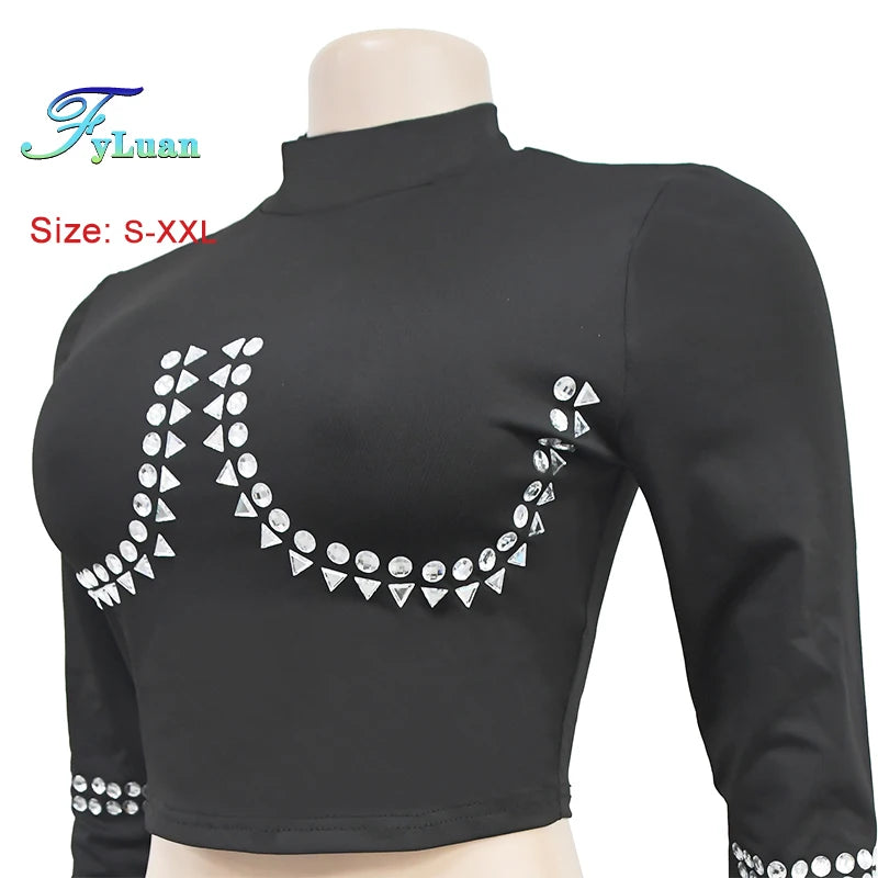 Modern style Women Long Sleeve O Neck Short Top And Sets With Diamonds Street Off Waist Short Skirt Club Vacation Outfits  Sets