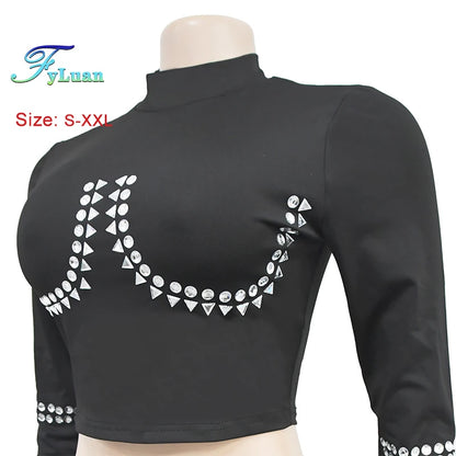 Modern style Women Long Sleeve O Neck Short Top And Sets With Diamonds Street Off Waist Short Skirt Club Vacation Outfits  Sets